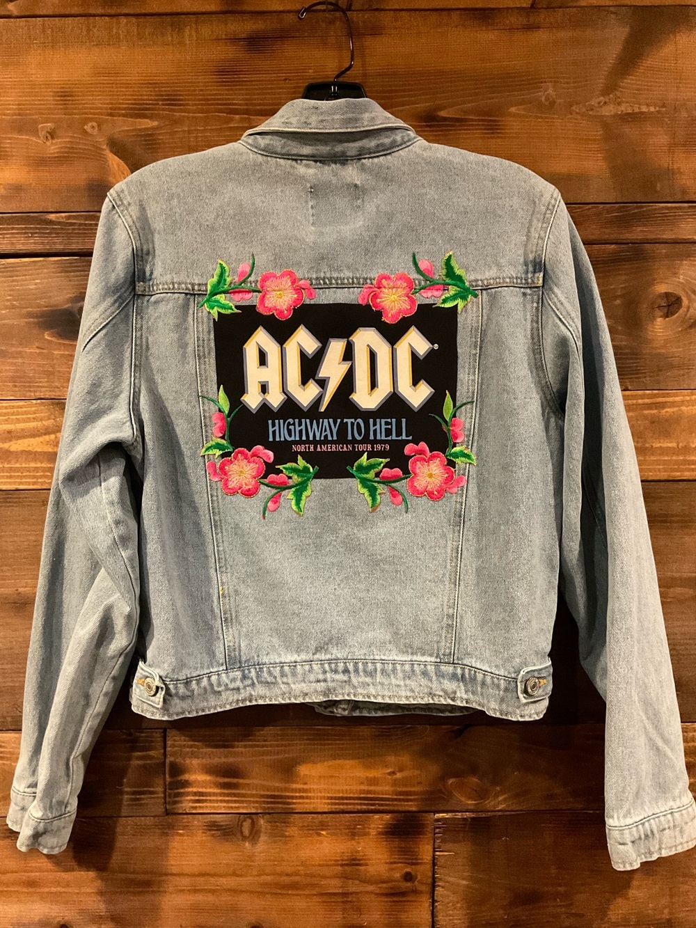 Custom AC/DC Light Blue Cropped Denim Jacket Pink Floral Embroidery Women’s L